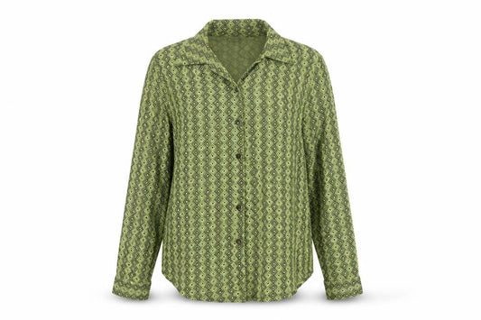 Front view of Next Women Green UK 12 Geometric Viscose Button-Up Long Sleeve Blouse