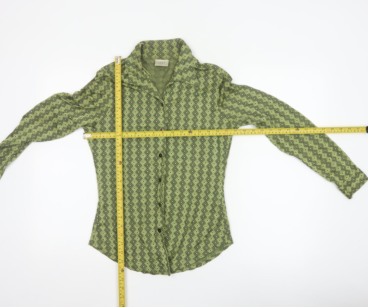 Next Women Green UK 12 Geometric Viscose Button-Up Long Sleeve Blouse