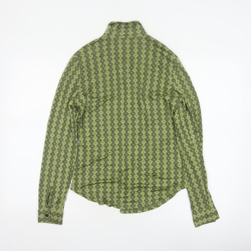 Next Women Green UK 12 Geometric Viscose Button-Up Long Sleeve Blouse