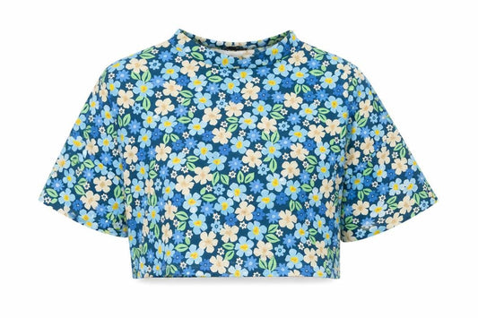 I Saw It First Women’s Blue Floral Cropped Jersey T-Shirt UK 12