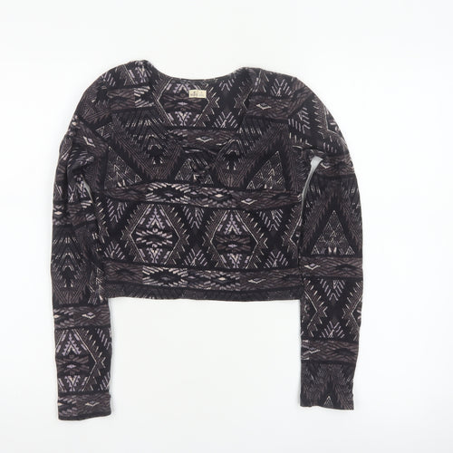 Hollister Women Black XS Cropped Aztec Lace Up Long Sleeve Top