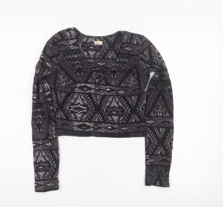 Hollister Women Black XS Cropped Aztec Lace Up Long Sleeve Top
