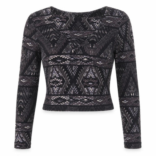 Hollister Women Black XS Cropped Aztec Lace Up Long Sleeve Top