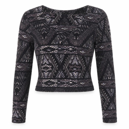 Front view of Hollister Women Black XS Cropped Aztec Lace Up Long Sleeve Top