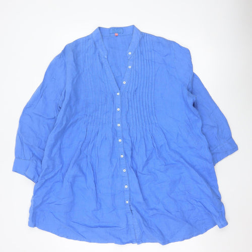 John Lewis Women Blue Linen Pleated Tunic Button-Up Shirt UK 14