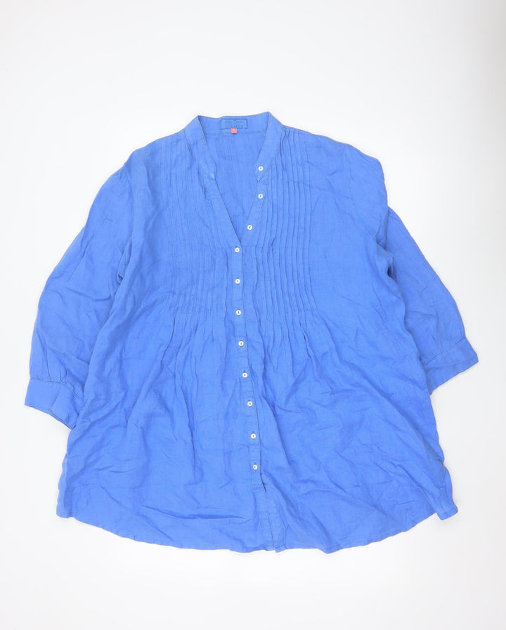 John Lewis Women Blue Linen Pleated Tunic Button-Up Shirt UK 14