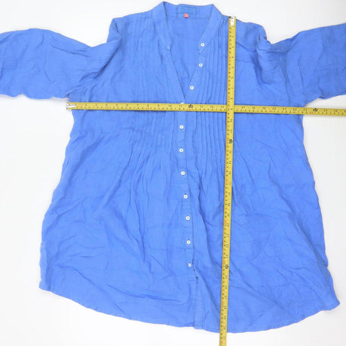 John Lewis Women Blue Linen Pleated Tunic Button-Up Shirt UK 14
