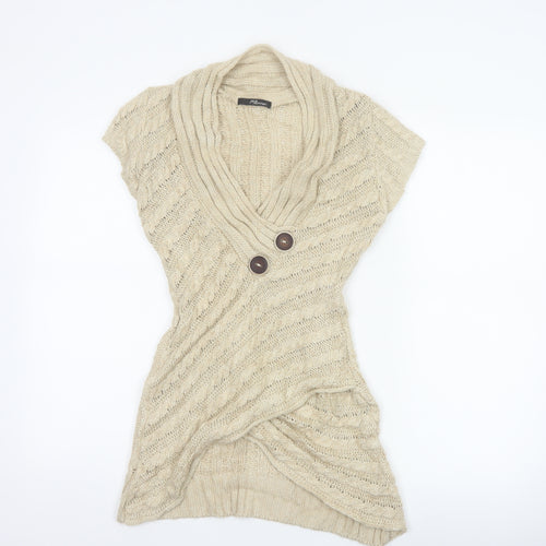 Jane Norman Women Beige UK 12 Cable Knit Short Sleeve Cardigan Cowl Neck