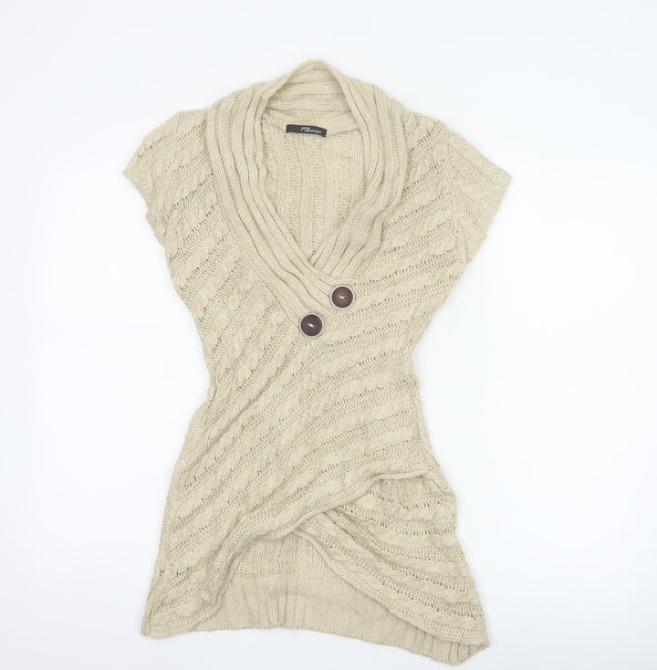 Jane Norman Women Beige UK 12 Cable Knit Short Sleeve Cardigan Cowl Neck