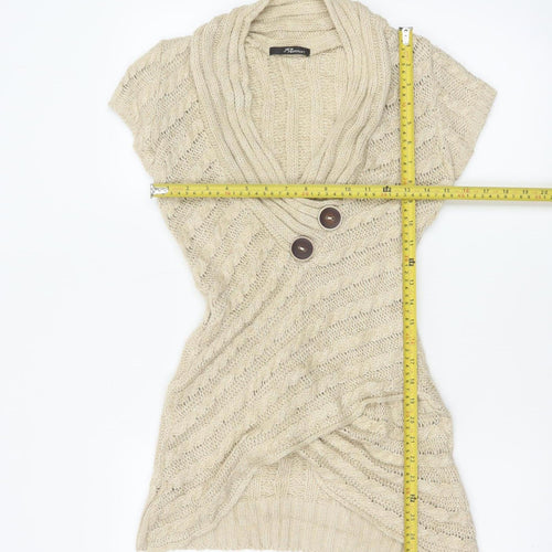 Jane Norman Women Beige UK 12 Cable Knit Short Sleeve Cardigan Cowl Neck