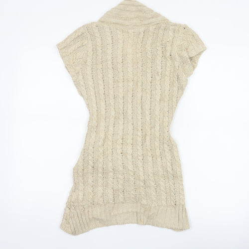 Jane Norman Women Beige UK 12 Cable Knit Short Sleeve Cardigan Cowl Neck