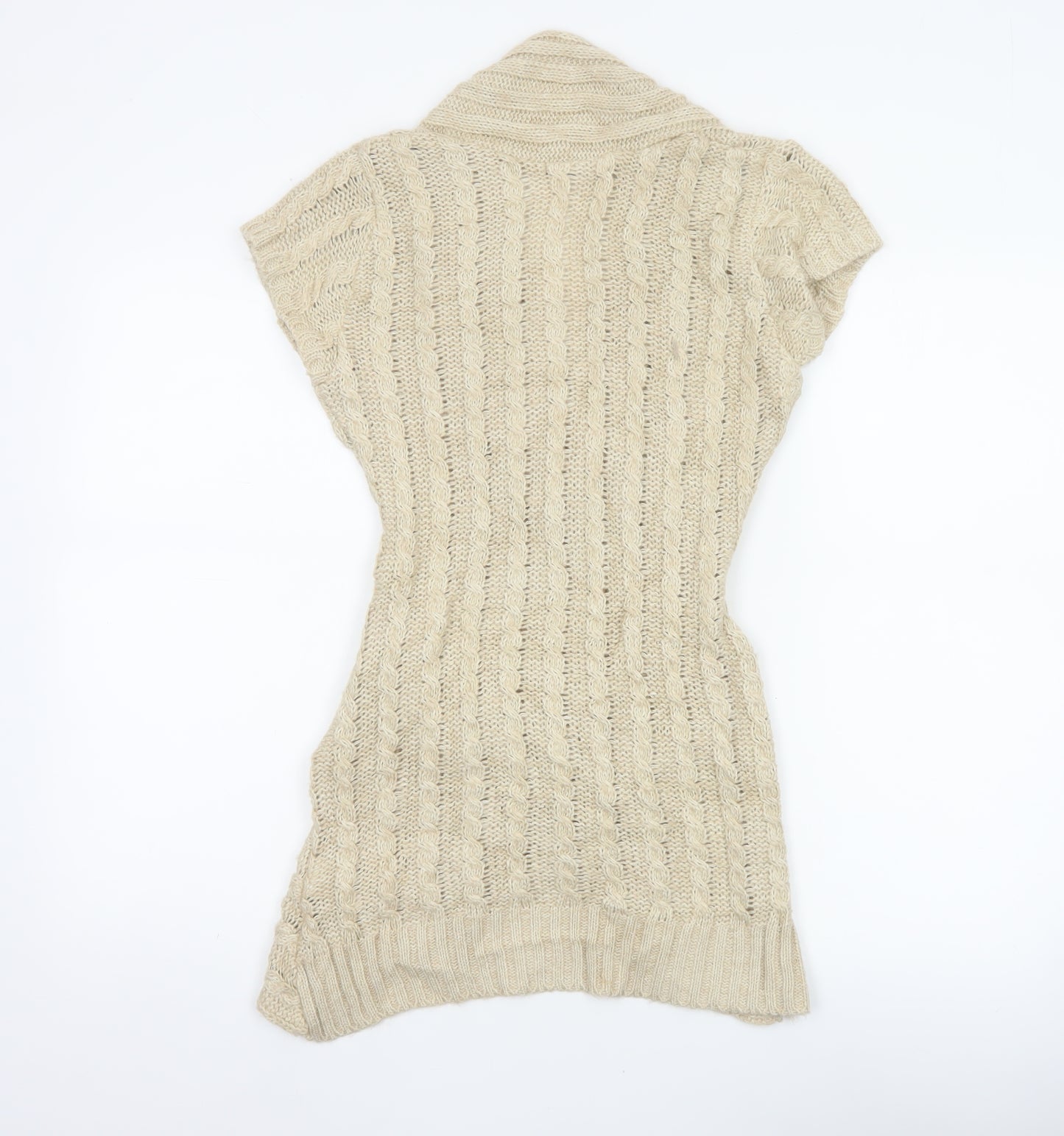 Jane Norman Women Beige UK 12 Cable Knit Short Sleeve Cardigan Cowl Neck