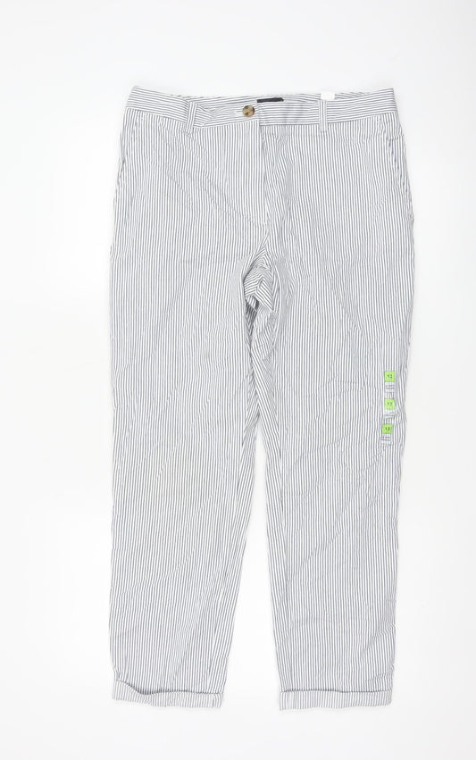 Marks and Spencer Women White Stripe Size 12 Straight Cotton Trousers