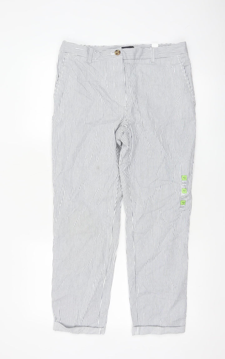 Marks and Spencer Women White Stripe Size 12 Straight Cotton Trousers