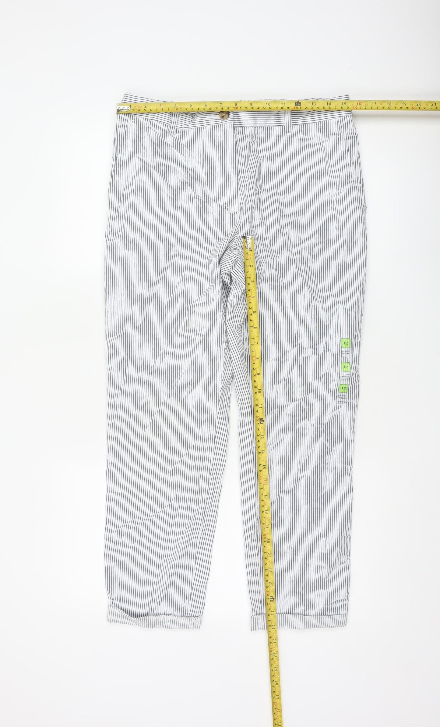 Marks and Spencer Women White Stripe Size 12 Straight Cotton Trousers