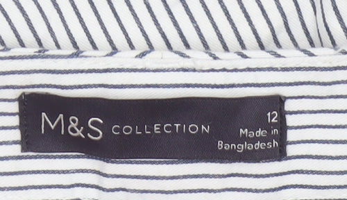 Marks and Spencer Women White Stripe Size 12 Straight Cotton Trousers