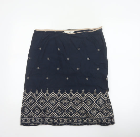 East Women Blue UK 14 Embroidered Geometric Knee Length Pencil Skirt