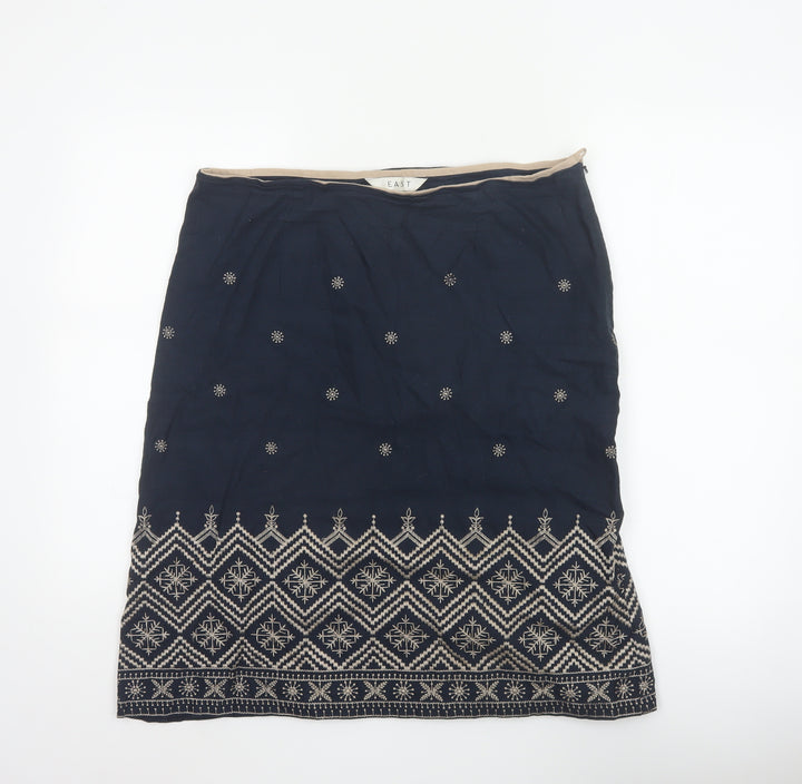 East Women Blue UK 14 Embroidered Geometric Knee Length Pencil Skirt