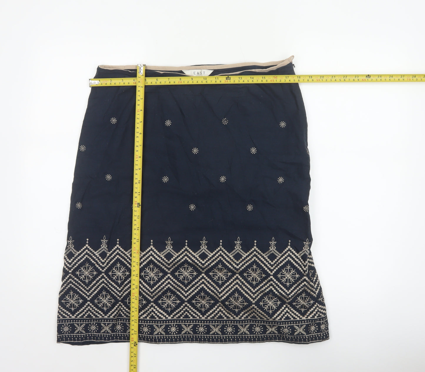 East Women Blue UK 14 Embroidered Geometric Knee Length Pencil Skirt