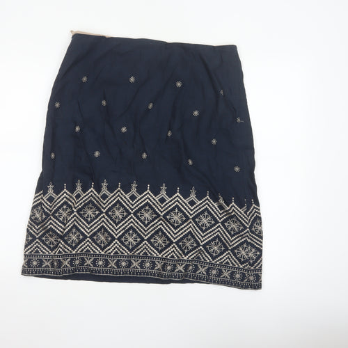 East Women Blue UK 14 Embroidered Geometric Knee Length Pencil Skirt