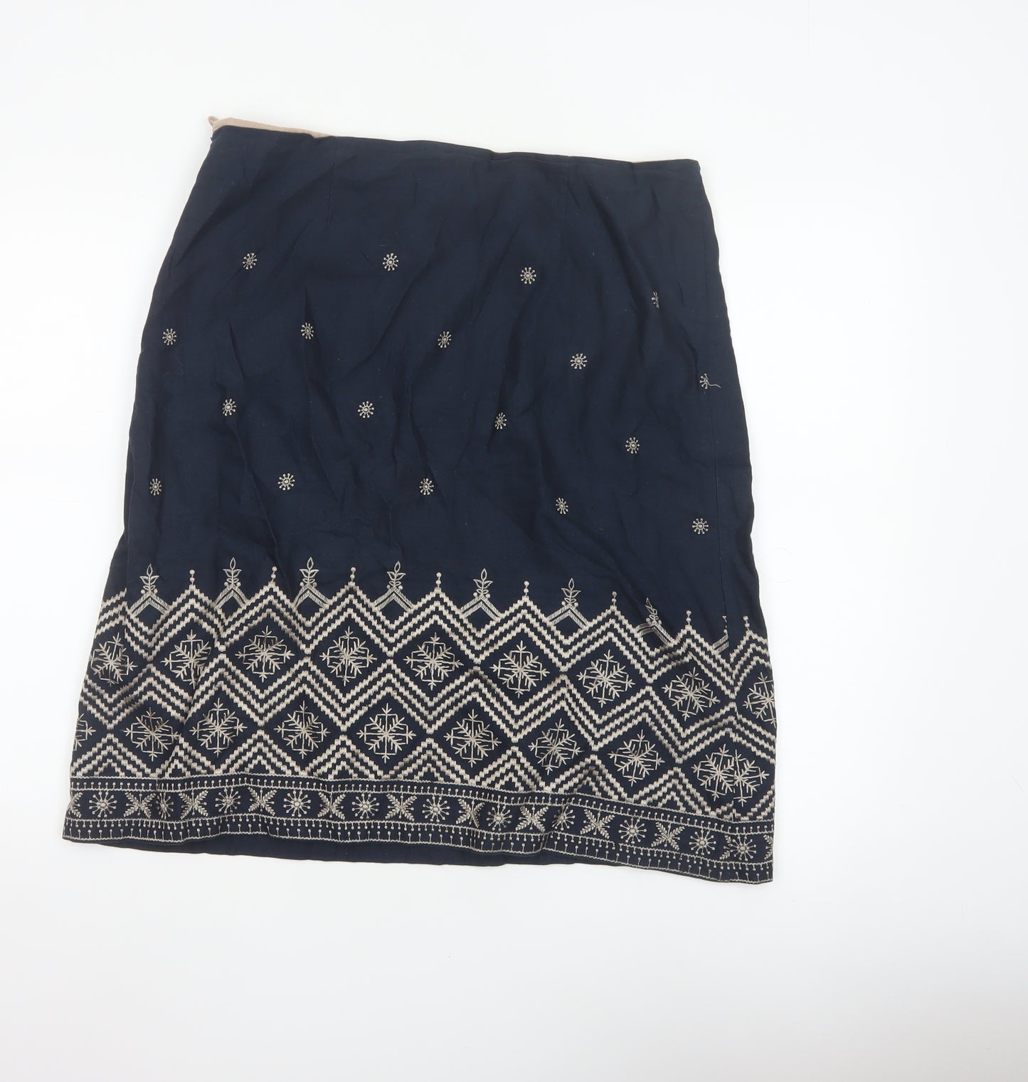 East Women Blue UK 14 Embroidered Geometric Knee Length Pencil Skirt