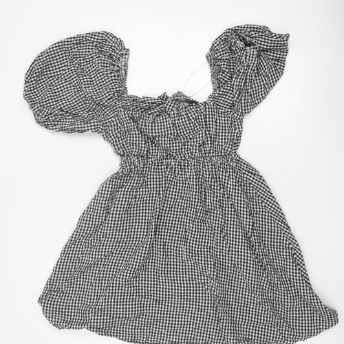 Paper Heart Women Black White Gingham M Fit & Flare Puff Sleeve Dress
