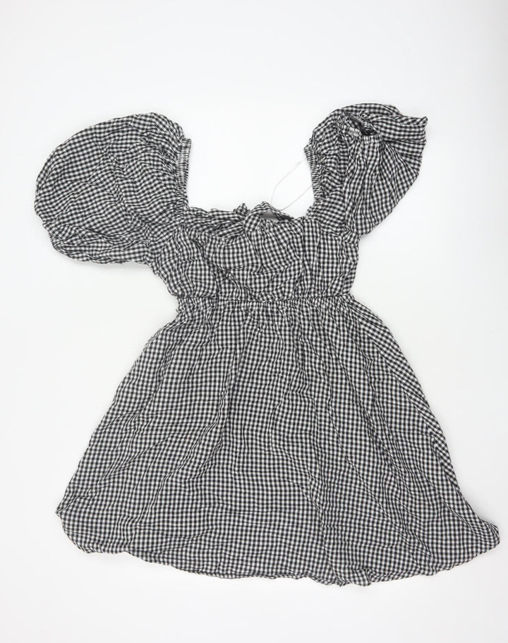 Paper Heart Women Black White Gingham M Fit & Flare Puff Sleeve Dress