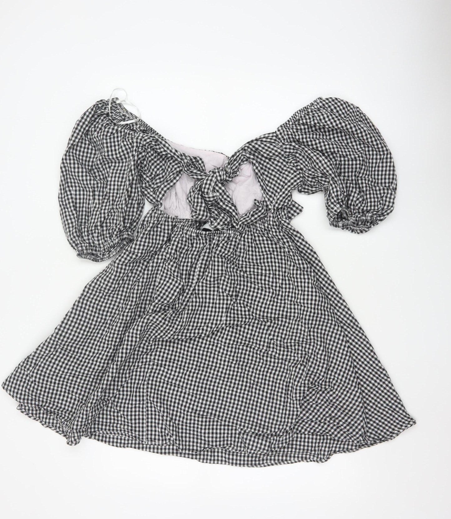 Paper Heart Women Black White Gingham M Fit & Flare Puff Sleeve Dress