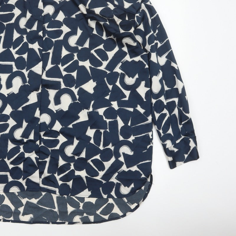 ICHI Women’s Blue Geometric Print Long Sleeve Tunic Blouse Size L