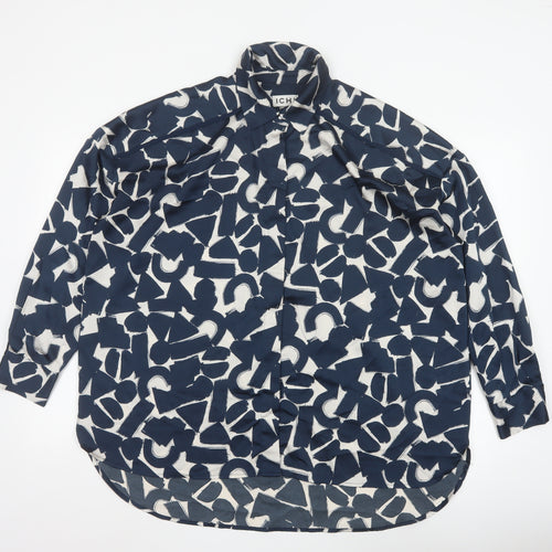 ICHI Women’s Blue Geometric Print Long Sleeve Tunic Blouse Size L