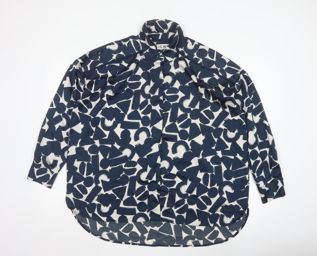 ICHI Women’s Blue Geometric Print Long Sleeve Tunic Blouse Size L