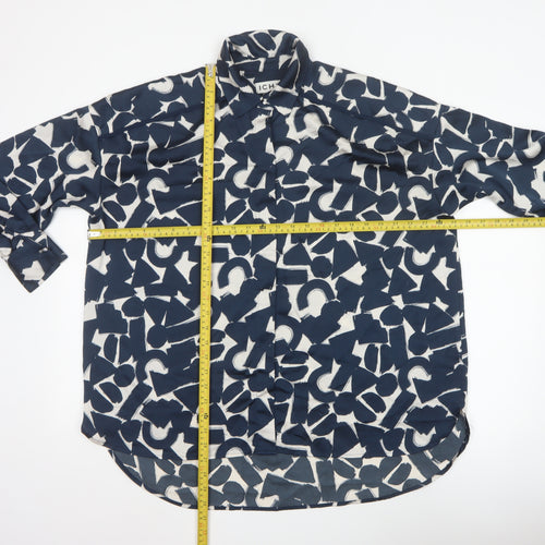 ICHI Women’s Blue Geometric Print Long Sleeve Tunic Blouse Size L
