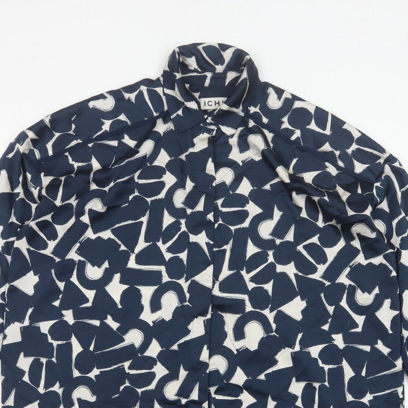ICHI Women’s Blue Geometric Print Long Sleeve Tunic Blouse Size L