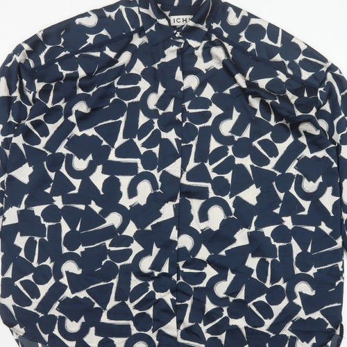 ICHI Women’s Blue Geometric Print Long Sleeve Tunic Blouse Size L