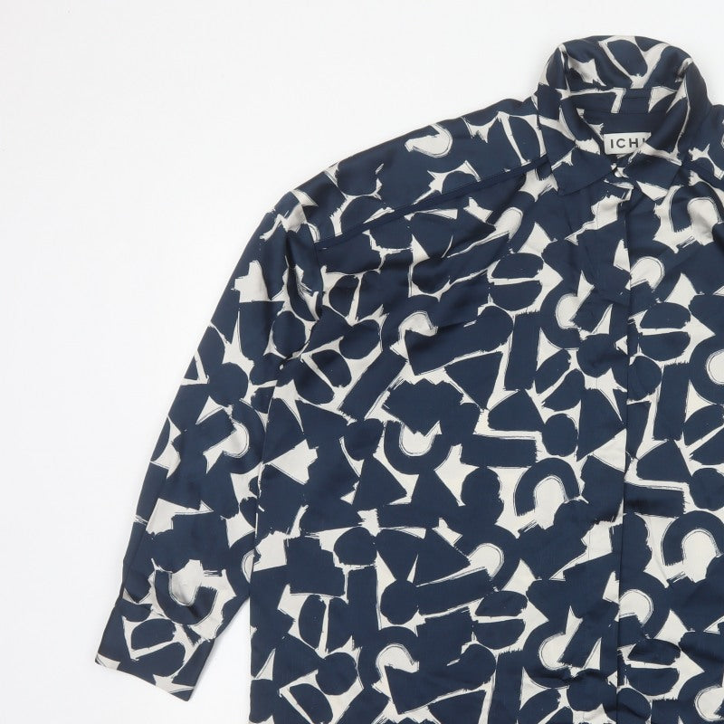 ICHI Women’s Blue Geometric Print Long Sleeve Tunic Blouse Size L