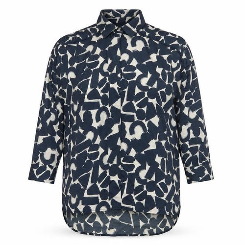 ICHI Women’s Blue Geometric Print Long Sleeve Tunic Blouse Size L