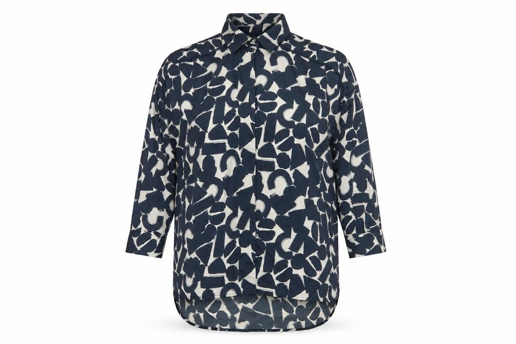 ICHI Women’s Blue Geometric Print Long Sleeve Tunic Blouse Size L