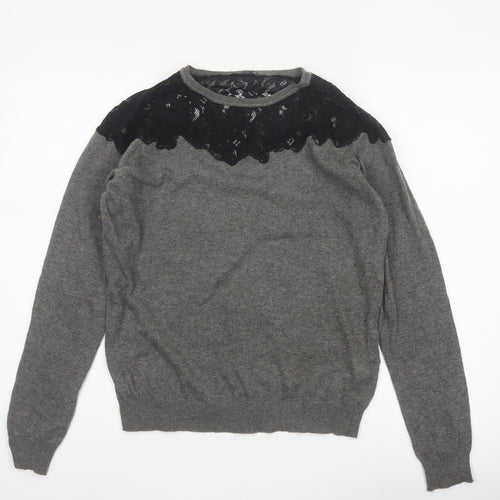 Zara Women’s Grey Black Lace Yoke Knit Pullover Jumper L