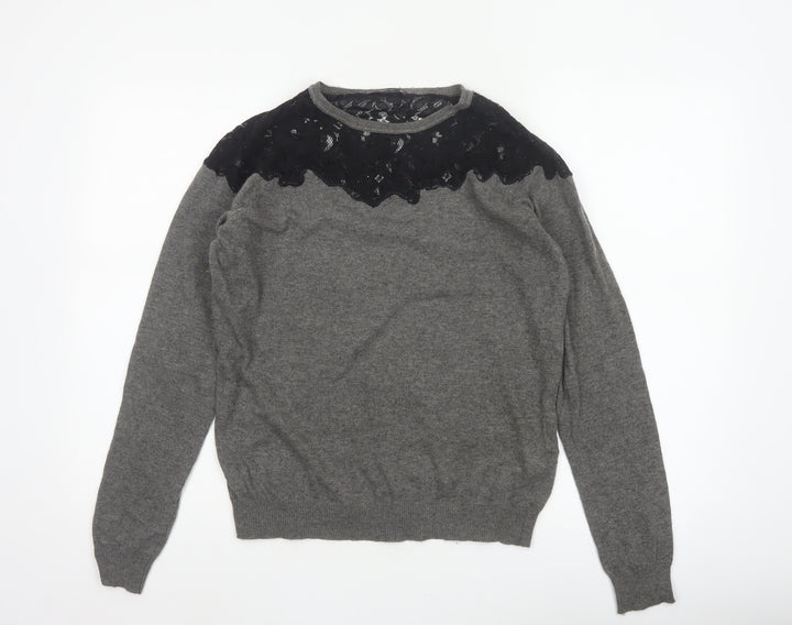 Zara Women’s Grey Black Lace Yoke Knit Pullover Jumper L