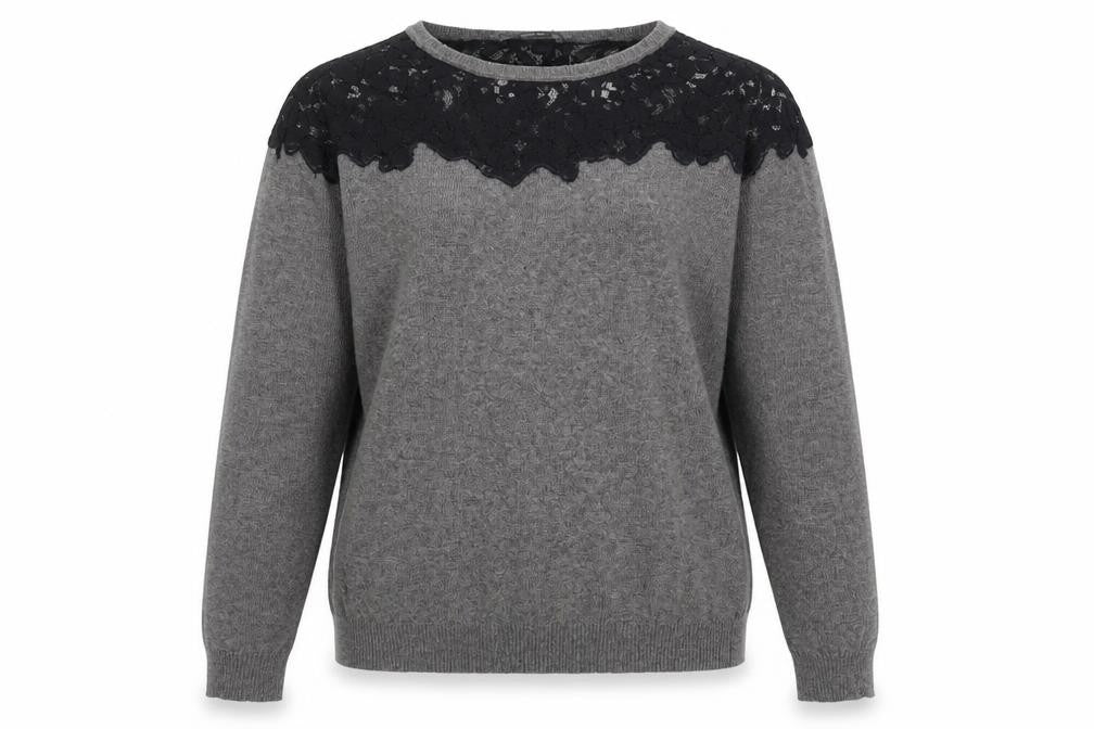 Front view of Zara Women’s Grey Black Lace Yoke Knit jumper L