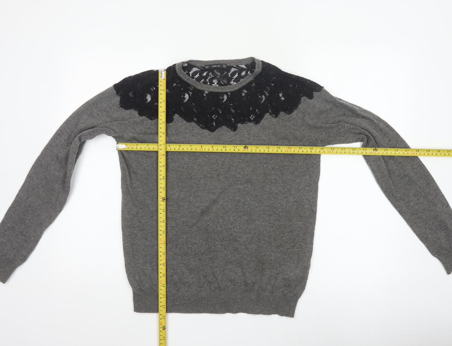 Zara Women’s Grey Black Lace Yoke Knit Pullover Jumper L