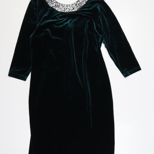 Sosandar Women Green Velvet Beaded Scoop Neck Sheath Dress UK 12