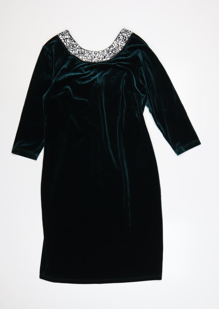 Sosandar Women Green Velvet Beaded Scoop Neck Sheath Dress UK 12