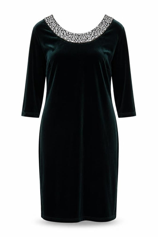 Front view of Sonsandar Women Green Velvet Beaded Scoop Neck Sheath Dress UK 12