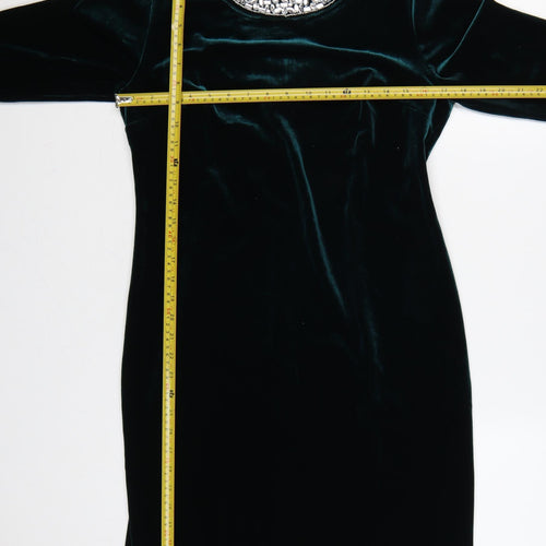 Sosandar Women Green Velvet Beaded Scoop Neck Sheath Dress UK 12
