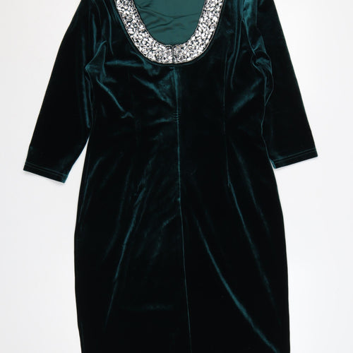 Sosandar Women Green Velvet Beaded Scoop Neck Sheath Dress UK 12
