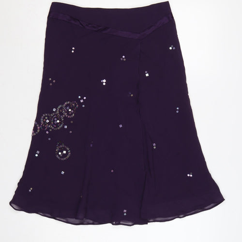 Planet Women Purple UK 12 Silk Floral Beaded Flare Midi Skirt