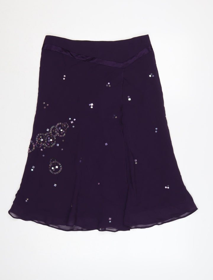 Planet Women Purple UK 12 Silk Floral Beaded Flare Midi Skirt