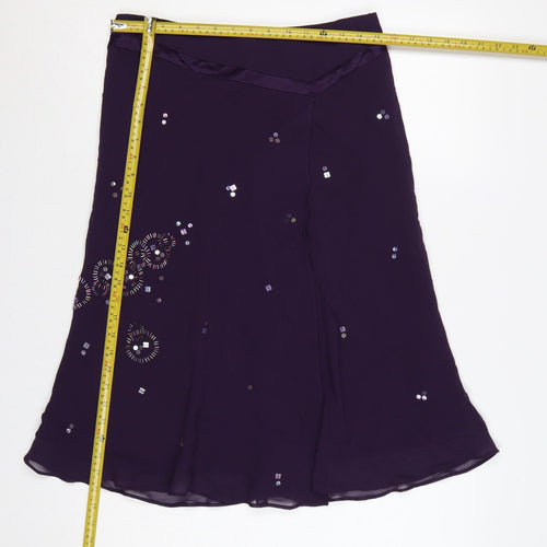 Planet Women Purple UK 12 Silk Floral Beaded Flare Midi Skirt