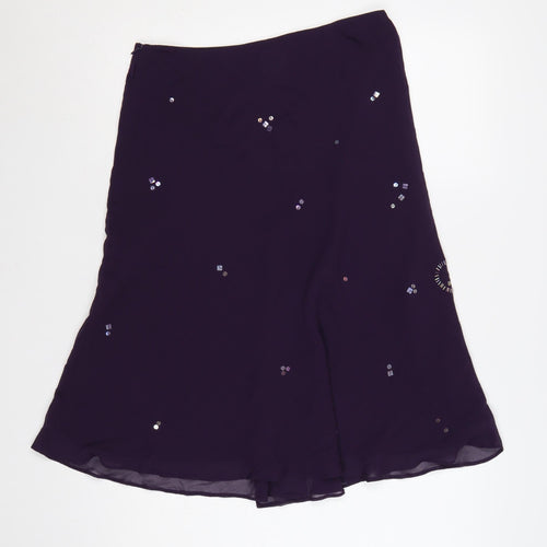 Planet Women Purple UK 12 Silk Floral Beaded Flare Midi Skirt